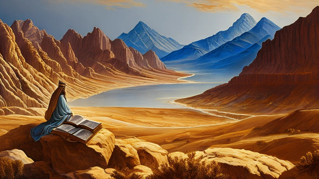 Create an image about the Book of Deuteronomy, part of the Jewish Torah. Considere os seguintes elementos: Moses speaking: Show Moses on a hill or mountain, with a desert scene in the background. Tablets of the Law: Feature the Tablets of the Ten Commandments, being held by Moses. Visual Context: Use a desert setting with mountains in the background to represent the landscape of the Promised Land. Add symbolic elements like scrolls or the Ark of the Covenant. artistic style: Opt for an artistic style that combines realism with touches of traditional biblical art. Use warm, natural colors, like shades of brown, gold and light blue. texto: Include the title “Book of Deuteronomy” in clear, legible letters, positioned at the top or bottom of the image. Use a classic font that conveys seriousness and reverence. Jewish symbols: Discreetly Add Jewish Symbols, like the Star of David or the Menorah, to reinforce the religious context.