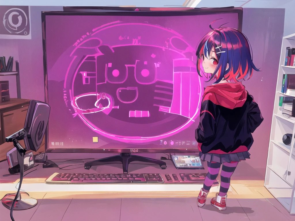 1 girl, Alone, by rubio, hood, SMILE, keyboard (computer), session,
(( FPS Gaming PC Screen.))
(by rubio),red hairspray,((striped hair)),shortcut,He drowned,multicolored hair
hoodie, looking at the viewer, , chair, desk, monitor, old, Red eyes, inside,, Skirt, Telephone, Youtuber Virtual, short hair, blush, large old, long sleeves, hits, pink hoodie, hair ornament,Closed mouth, office chair, Jacket, looking back, hood down,on one side,