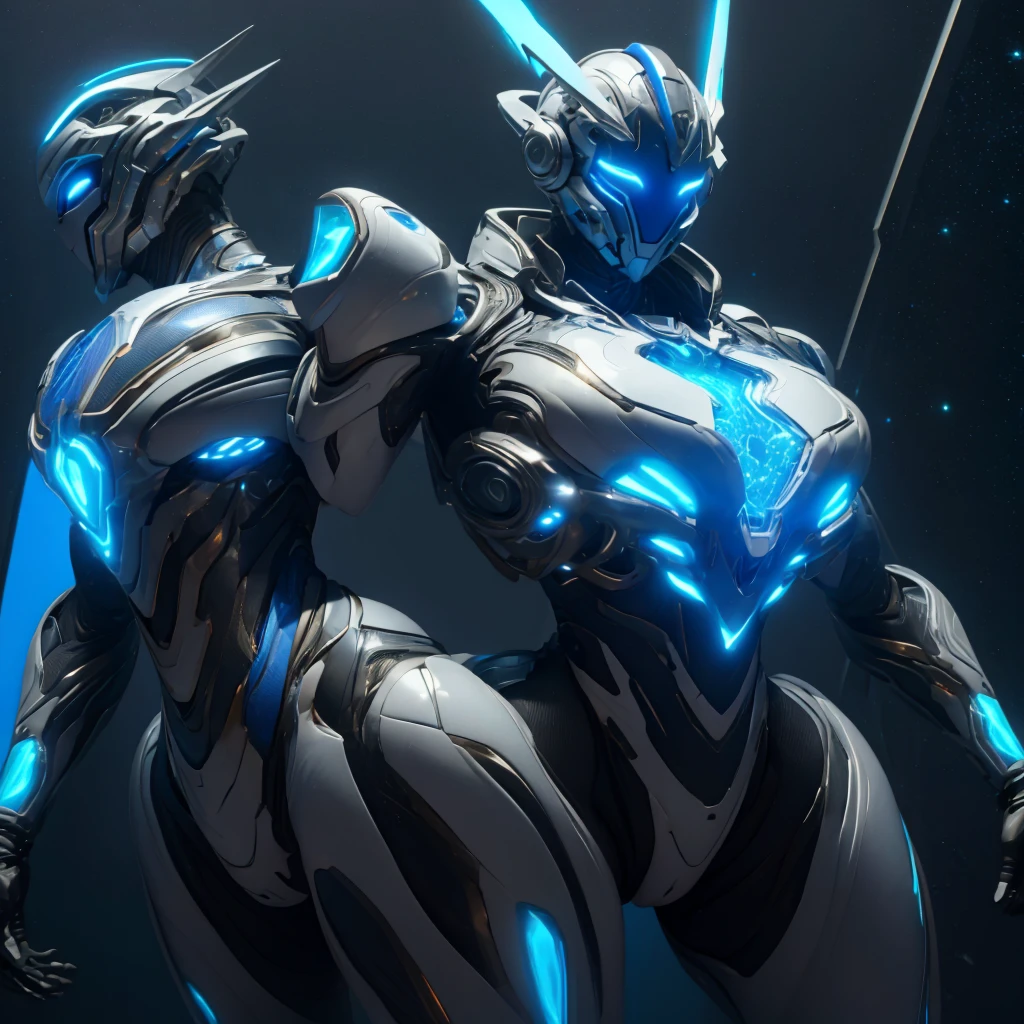 Dronificated unknown femboy in a fully enclosed white latex fullbody suit with blue lights across the suit and star shaped glowing core in the chest, fully enclosed cyber helmet that cover his whole face and hides his identity with a blue screen that has a white star, flat chest, narrow waist, wide hips and thick thighs, open Mechanical wings, underwater, no face, no hair, no mouth, no eyes, (perfect anatomy)