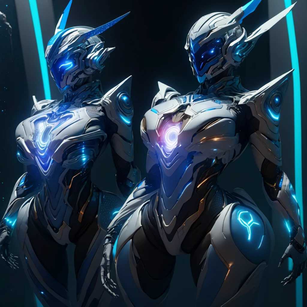 Dronificated unknown woman in a fully enclosed white latex fullbody suit with blue lights across the suit and green star shaped glowing core in the chest, fully enclosed cyber helmet that cover her whole face and hides her identity with a blue screen that has a white star, huge breast, narrow waist, wide hips and thick thighs, Mechanical wings, in a forest, no face, no hair, no mouth, no eyes, (perfect anatomy)