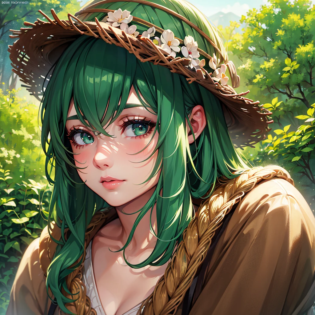 1girl, rustic girl, detailed face, green hair, eyes brown, beautiful eyes, long eyelashes, detailed lips, detailed nose, detailed skin, natural outdoor setting, natural lighting, warm color tones, cinematic composition, photorealistic, high resolution, 8k, best quality, masterpiece
