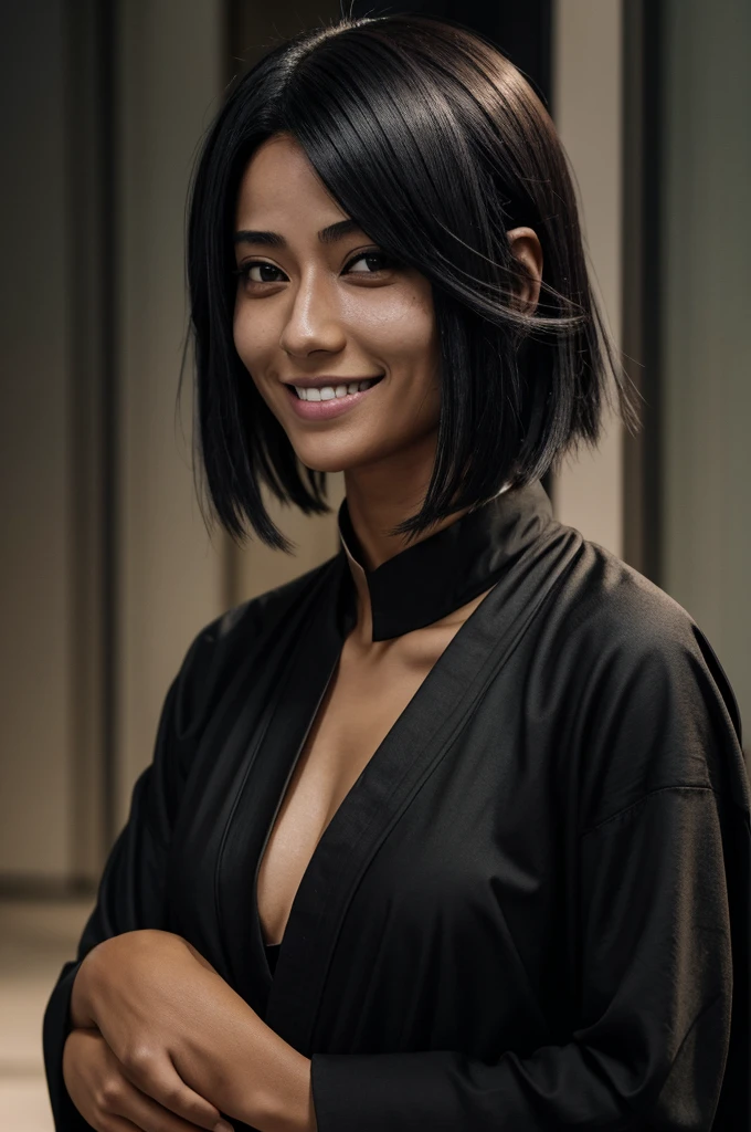 Female jujutsu kaisen character with shoulder length hair cut in black layers, dark skin with 2 moles on the lip on the right side, smiling with itadori at his side