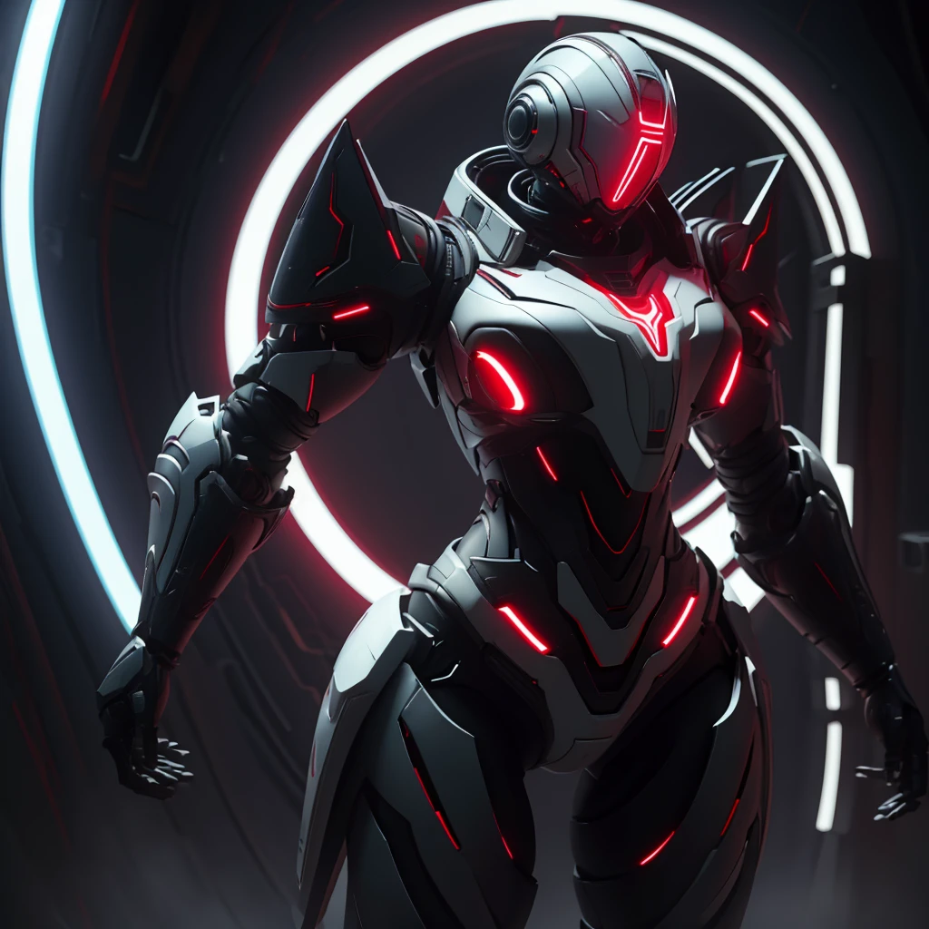 Dronificated unknown woman in a fully enclosed white latex fullbody heavy armor with red lights across the suit and star shaped glowing core in the chest, fully enclosed cyber helmet that cover her whole face and hides her identity with only two glowing red lines in it's otherwise, empty black face, huge breast, narrow waist, wide hips and thick thighs, in a storage, no face, no hair, no mouth, no eyes