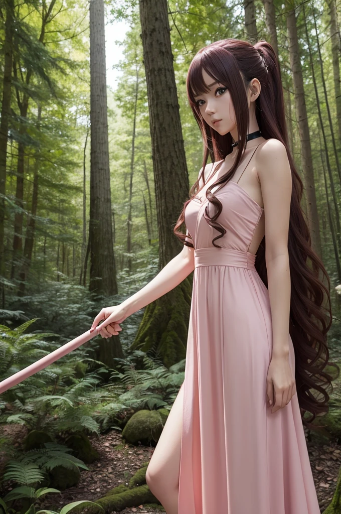 A 2D pole inspired by the Naruto anime, One with long loose curly hair, eyes browns, wearing a coquette pink dress, behind a forest 