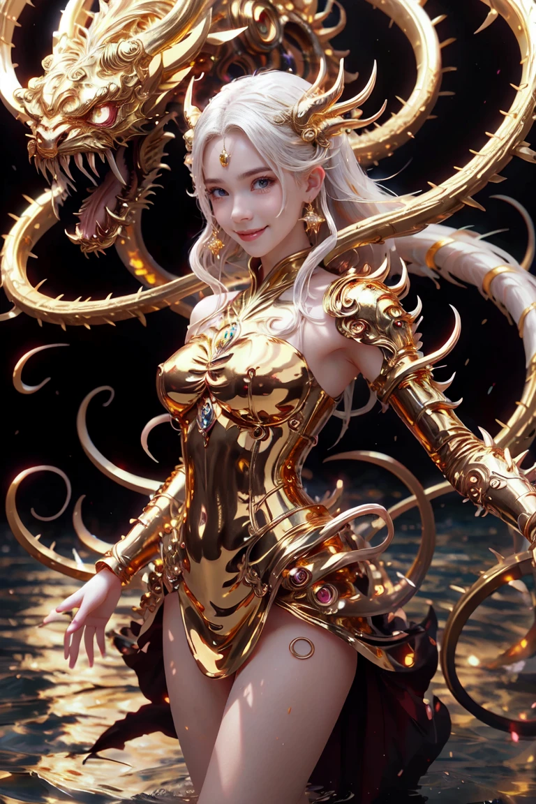 anime with long hair and red dress standing in the water with a big golden dragon, 4K anime art wallpaper, 8K anime art wallpaper, anime fantasy artwork, 4k fantasy artwork, 坏蛋动漫8 K, epic anime art, detailed art of onmyoji, anime fantasy illustration, inspired by Naomi, 4K anime-style, gold accents
