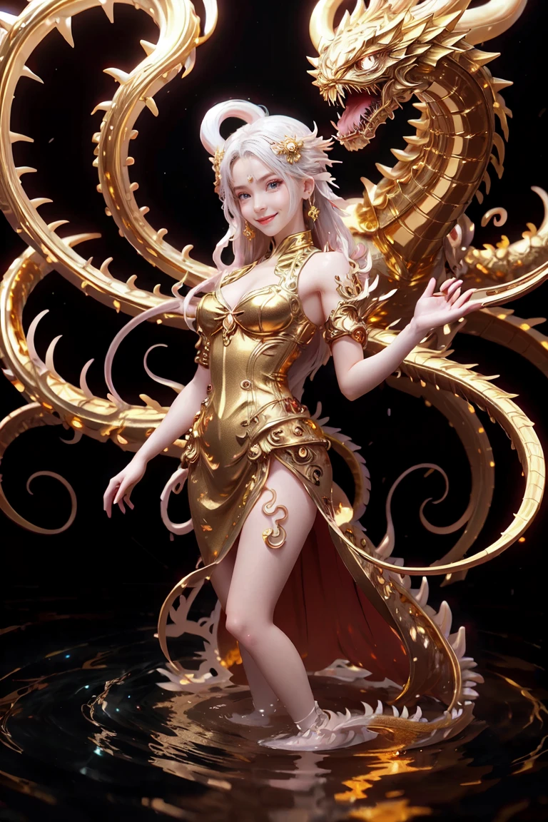 sexy girl and golden dragon flying to the sky