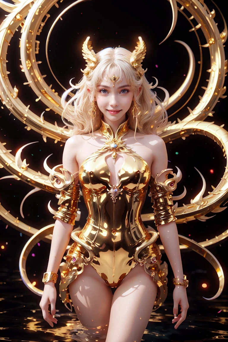 Golden diamond armor, long blonde hair, golden pupils, golden light background, golden transparent wings, diamond texture, smiling, golden eyes, flashing notes around, maiden, golden starlight, dazzling
