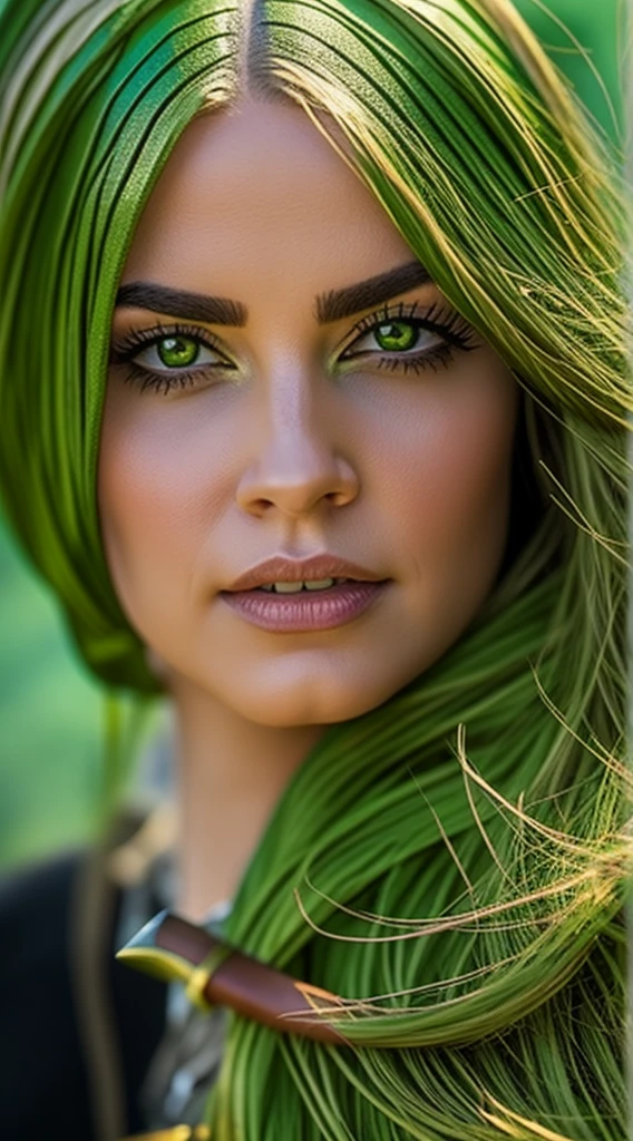 An elf ranger wearing leather armor, our aged green bits show that their adventures are many, he holds his elven lingo bow, her hair is black and her eyes are green, your body is muscular and well balanced, He walks on a shingle in the forest where the trees are green and the ground is covered with grass, behind a tree there is an orc armed with an ax lurking, the orc wears orc armor repeats of spikes, he wears a helmet with horns