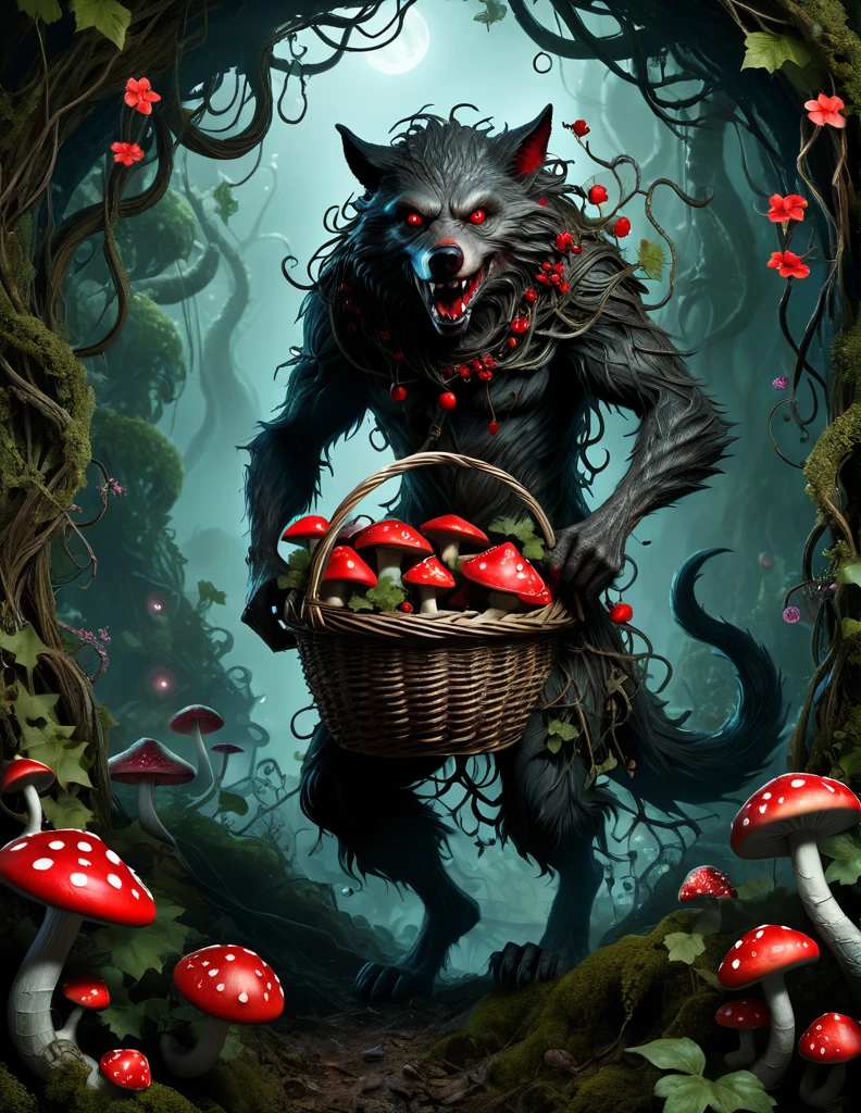 A satire and surreal photorealistic picture of the red riding werewolf at an eerie gnarly otherworldly twisted, sentient vines jungle, insanely intricate details, realistic style, carrying a basket of enchanted mushrooms with bioluminescent flowers blooming on the vines, Tim Burton Style