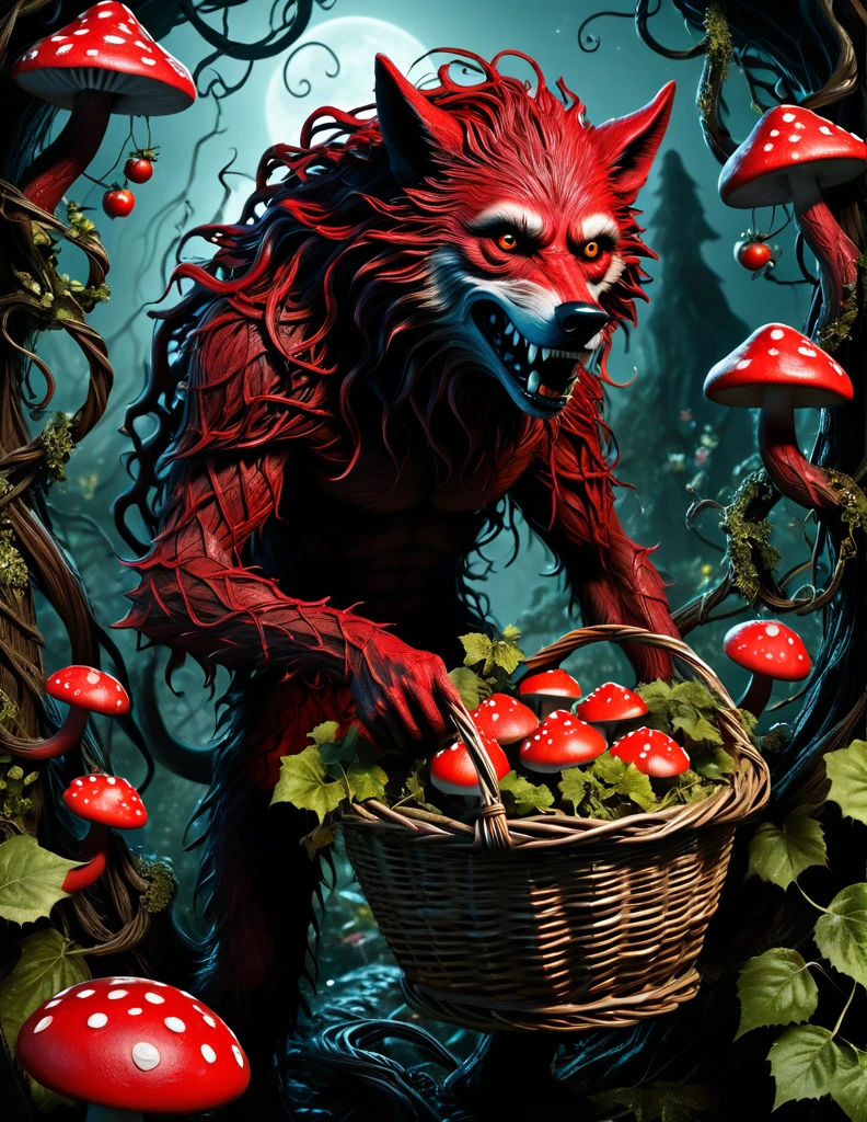 A satire and surreal photorealistic picture of the red riding werewolf at an eerie gnarly otherworldly twisted, sentient vines jungle, insanely intricate details, realistic style, carrying a basket of enchanted mushrooms with bioluminescent flowers blooming on the vines, Tim Burton Style