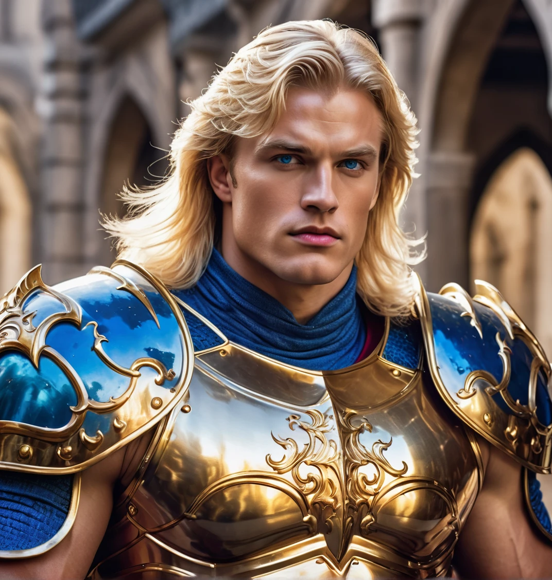 knight with golden armor, muscular, white skin, medium blond hair, blue eyes, double chin, defined jaw, rectangular face, six pack abs, with a ruby splash, dreamcore, dark fantasy, 80s film style image