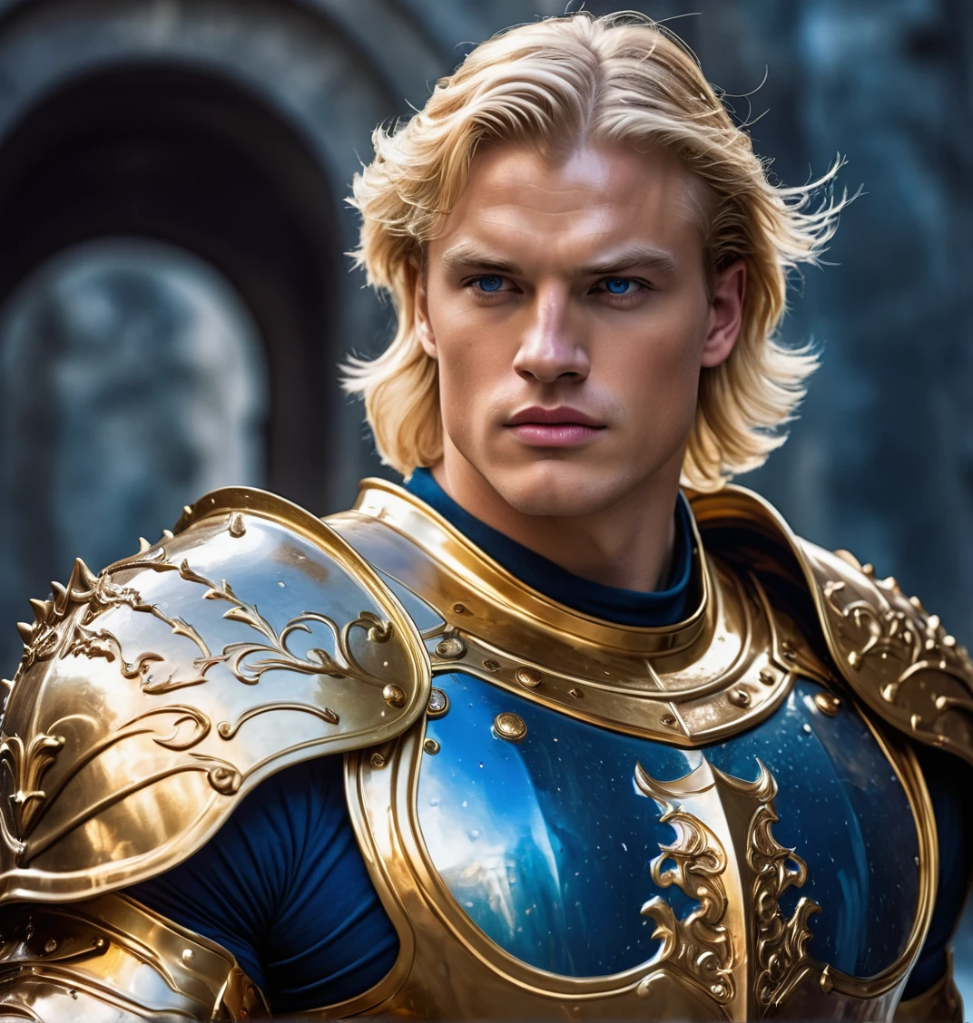 knight with golden armor, muscular, white skin, medium blond hair, blue eyes, double chin, defined jaw, rectangular face, six pack abs, with a ruby splash, dreamcore, dark fantasy, 80s film style image