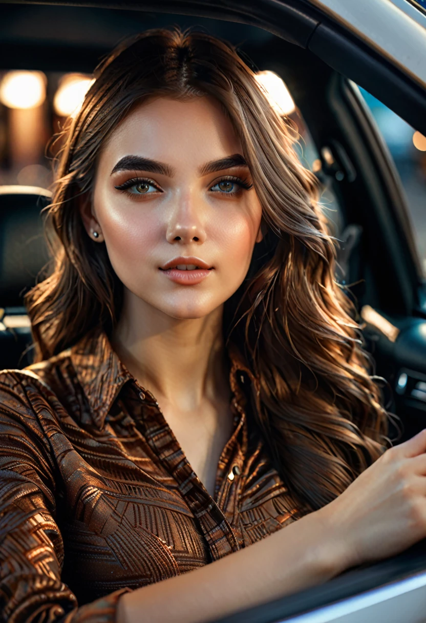 (20 year old woman in a car, long brown hair, sporty body, beautiful detailed eyes, beautiful detailed lips, extremely detailed face and features, long eyelashes, elegant woman, graceful pose, soft warm lighting, cinematic lighting, intricate detailed clothing, highly detailed environment, photorealistic, 8k, hyper detailed, masterpiece, cinematic, digital art, concept art)