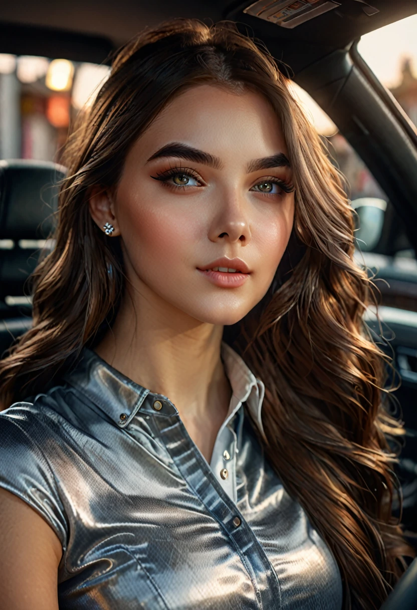 (20 year old woman in a car, long brown hair, sporty body, beautiful detailed eyes, beautiful detailed lips, extremely detailed face and features, long eyelashes, elegant woman, graceful pose, soft warm lighting, cinematic lighting, intricate detailed clothing, highly detailed environment, photorealistic, 8k, hyper detailed, masterpiece, cinematic, digital art, concept art)