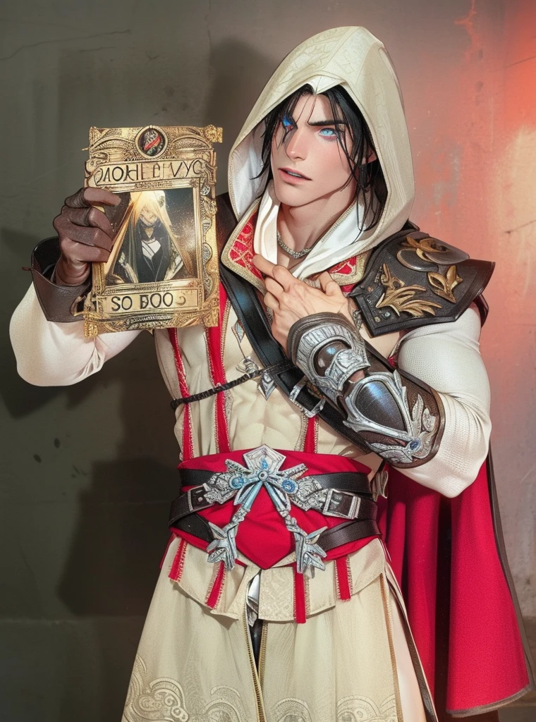 elf, elf ears, Caucasian skin，Best quality at best，Dadalya（Impacto Genshin , wearing no shirt，Bowed muscleulging of the pectoral muscle，Aboco masculino，1st grade，blue colored eyes，White Glove，standing alone，Black hair，blue and red eyes，hair between the eyes，（（protruding crotch）），sexly,(master part, best quality),（wearing no shirt, breastplate），self-insurance，having a good time，expression serious