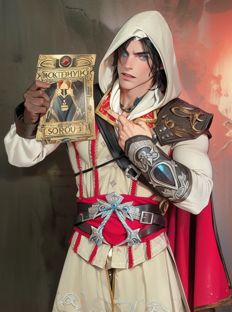 elf, elf ears, Caucasian skin,Best quality at best,Dadalya(Impacto Genshin , wearing no shirt,Bowed muscleulging of the pectoral muscle,Aboco masculino,1st grade,blue colored eyes,White Glove,standing alone,Black hair,blue and red eyes,hair between the eyes,((protruding crotch)),sexly,(master part, best quality),(wearing no shirt, breastplate),self-insurance,having a good time,expression serious