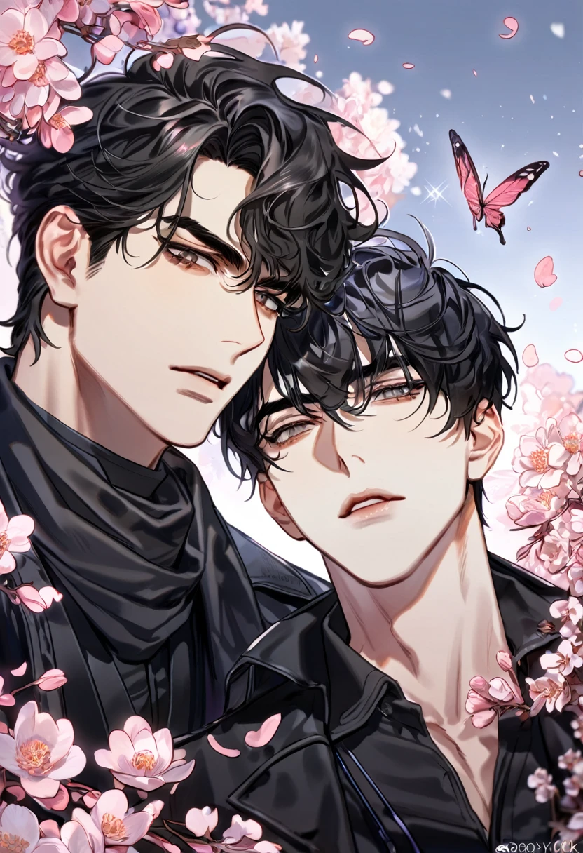 absurdres, highres, ultra detailed, HDR, master piece, best quality, extremely detailed face, delicated features, Kim Dokaj, black hair, sraight hair, expressive brown eyes, Omniscient Reader's Viewpoint , Yoo Joonghyuk, black hair, short hair, expressive gray eyes, two sexy men together, gay couple, yaoi, handsome, black coat, black sweater, black scarf, fantasy, magical, radiant, blossoms, pink flowers, pink butterflies