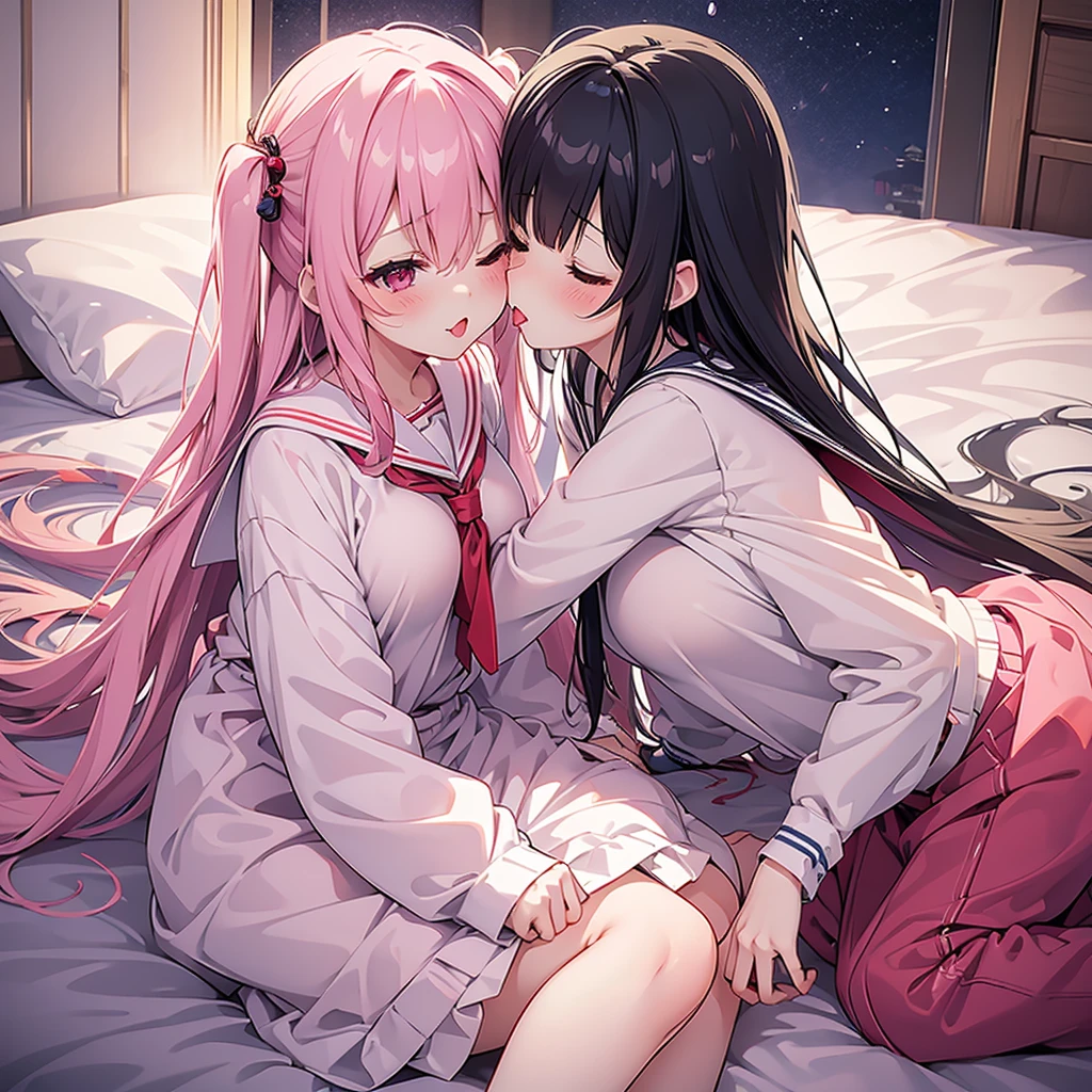 Sex、Naughty、hentai、Two Women、On the bed、Pushing down、Rubbing her breasts、Sailor suit、Your clothes are in disarray、Your cheeks are flushed、sticking out the bottom、Tongue entangled、Kissing、♡
