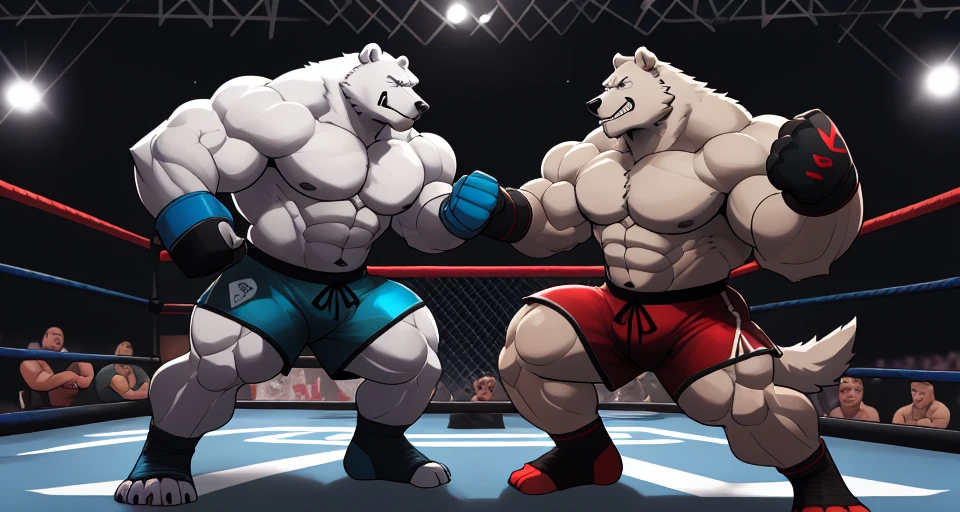 Huge muscular thick white fur Polar Bear bodybuilder shirtless in blue MMA shorts, blue MMA gloves and blue foot wear, muscular Timberwolf bodybuilder shirtless in red MMA shorts, red MMA gloves and red foot wear, at the MMA tournament. MMA Polar bear vs MMA Wolf challenger. Fighting cage match, puch and kick. Two Kickboxing champs.
