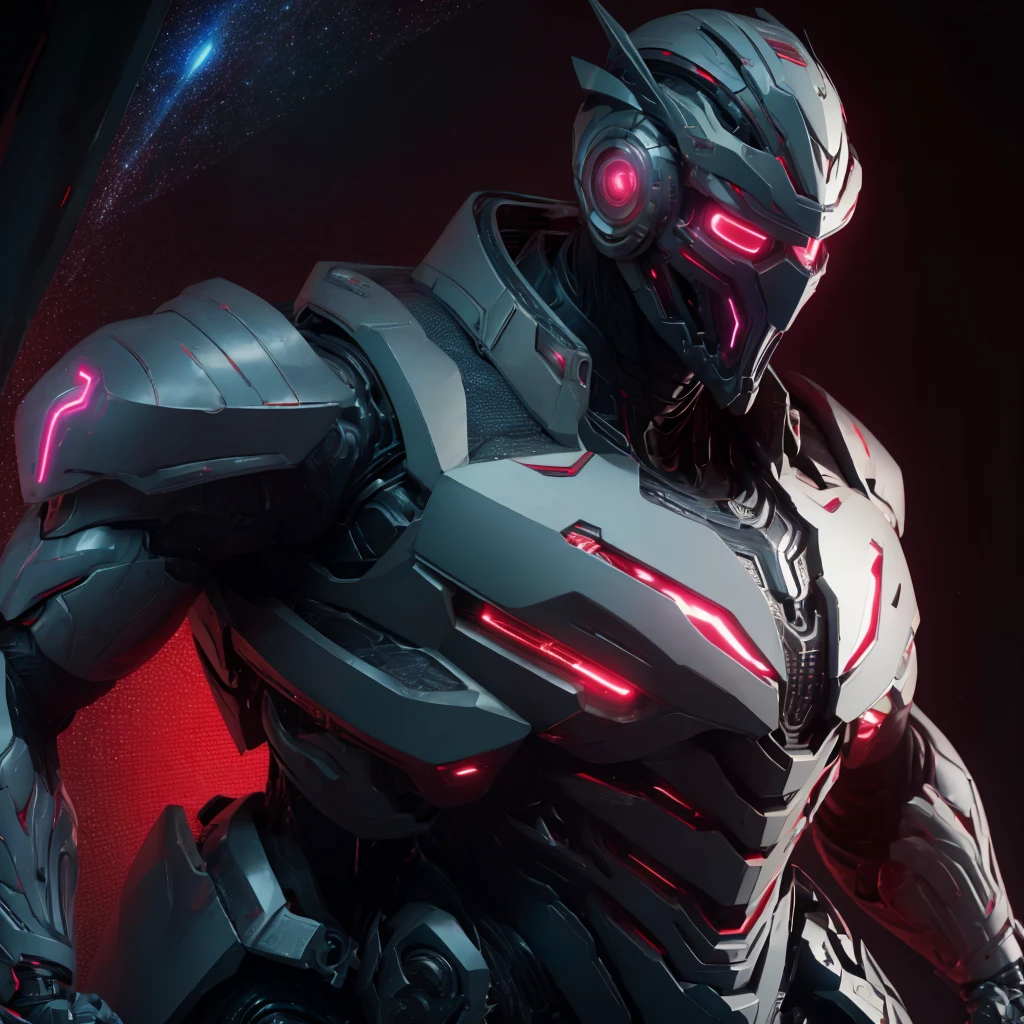 Dronificated unknown man in a fully enclosed white latex fullbody heavy armor with red lights across the suit and star shaped glowing core in the chest, fully enclosed cyber helmet that cover his whole face and hides his identity with a red screen that has a white star, muscular, strong, in a storage, no face, no hair, no mouth, no eyes, (perfect anatomy)