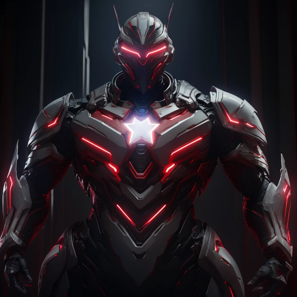 Dronificated unknown man in a fully enclosed white latex fullbody heavy armor with red lights across the suit and star shaped glowing core in the chest, fully enclosed cyber helmet that cover his whole face and hides his identity with a red screen that has a white star, muscular, strong, in a storage, no face, no hair, no mouth, no eyes, (perfect anatomy)