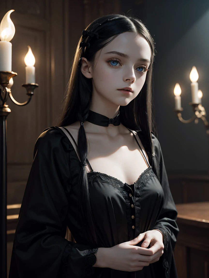 (Best quality, Ultra detailed, Golden ratio, Masterpiece:1.2), Theatrical lighting:0.7, Photo of a 19 year old Wednesday Addams, dressed in a vintage see-through black night gown , lean body, small perky breasts, pierced nipples, Perfect rare face, (Highly detailed skin), long straight black hair, Hide your mouth with your hands、natural skin texture, Pale skin, shiny skin, (thin, large size:1.2), [:(Sharp focus on rare face, perfect eyes:1.2):0.2], photorealistic, film grain, Put one foot forward、from below looking up、look at camera. Focus on face、Smile with corners of mouth raised、disdainful expression, summer haze, muted colors, muted warm colors, Photo cinematic portrait of a 19 year old Wednesday Addams, cinematic, (tilted:1.3) looking provoking, standing near candlelight, volumetric dust clouds, key light, backlight, soft natural lighting, photography Film grain ISO 400 30 mm lens RAW f1.8 aperture, highly detailed (analog photography:1), colors hdr