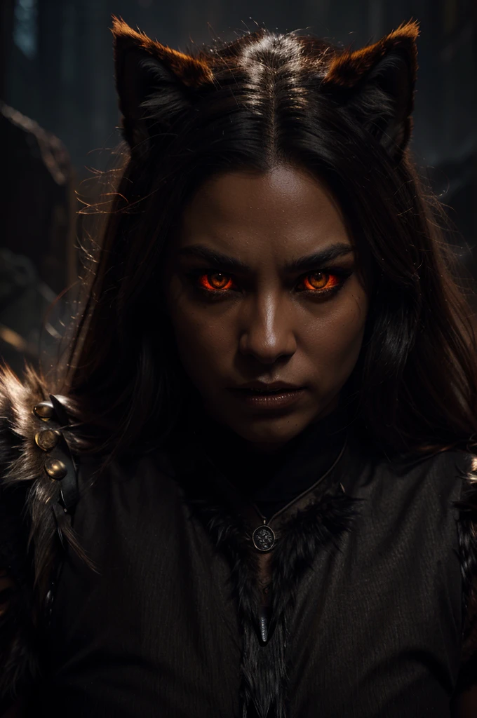 1 fire wolf, detailed fantasy creature, highly detailed fur, glowing amber eyes, sharp fangs, fierce expression, cinematic lighting, dramatic smoke effects, moody dark background, matte painting, hyper detailed, 8k, photorealistic