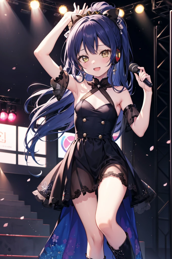 Umi Sonoda, Long Hair, Blue Hair, (Yellow Eyes:1.5) (Flat Chest:1.2),happy smile, smile, Open your mouth,アイドルsingerがライブstageで熱狂的に歌うシーンのイラスト. アイドルsingerがstage中央に立っている. アイドルsingerはアイドル風の着物を着て ,I'm wearing boots. アイドルsinger has her hair up and is wearing a headset. アイドルsingerがマイクを持って歌っている. アイドルsinger&#39;The expression is serious and powerful.. singer&#39;Your voice is strong and beautiful. stageの周りにはファンが集まる. ファンはアイドルsingerと一緒に歌ったり踊ったりしている.whole bodyがイラストに入るように,
break indoors, stage,
break looking at viewer, whole body,
break (masterpiece:1.2), Highest quality, High resolution, unity 8k wallpaper, (shape:0.8), (Beautiful attention to detail:1.6), Highly detailed face, Perfect lighting, Extremely detailed CG, (Perfect hands, Perfect Anatomy),