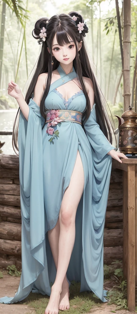 masterpiece, best quality, official art, 8k wallpaper, highly detailed, illustration, 1 girl, Azure hair, long hair, detailed eyes, forrest, bare shoulders, hanfu,lakes, pure, soft smile,bamboo,Tea