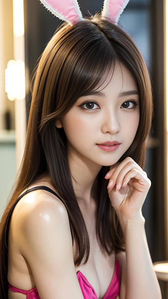 masterpiece, Highest quality, Realistic, Highly detailed CG integrates 8K, 8K,(Very beautiful face, Beautiful Lips, Beautiful Eyes), Exquisitely detailed face,1 Girl, Very beautiful girl,Exquisite eye makeup,Subtle eye detail,The best example of four fingers and one thumb,Toned figure,Nice and beautiful smile,明るいLong Hair,transparent, Quality hair,(masterpiece, Highest quality:1.2),alone,The eyes are exquisite and delicate,Brown Hair、Long Hair、Pink Lips,blue eyes,Big Breasts、Wavy Hair、(((Bunny girl、pub)))、Japanese、25-year-old female