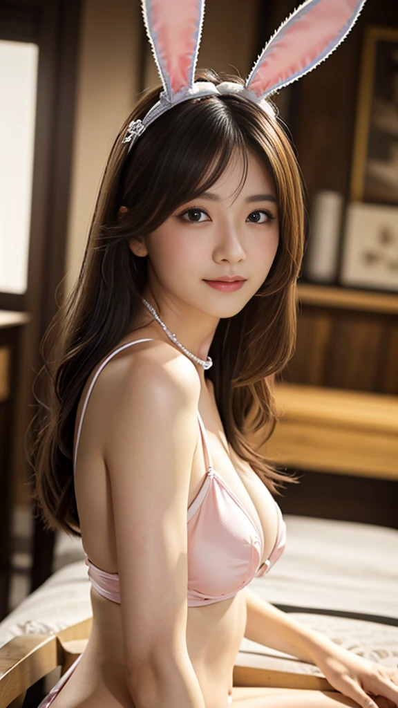 masterpiece, Highest quality, Realistic, Highly detailed CG integrates 8K, 8K,(Very beautiful face, Beautiful Lips, Beautiful Eyes), Exquisitely detailed face,1 Girl, Very beautiful girl,Exquisite eye makeup,Subtle eye detail,The best example of four fingers and one thumb,Toned figure,Nice and beautiful smile,明るいLong Hair,transparent, Quality hair,(masterpiece, Highest quality:1.2),alone,The eyes are exquisite and delicate,Brown Hair、Long Hair、Pink Lips,blue eyes,Big Breasts、Wavy Hair、(((Bunny girl、pub)))、Japanese、25-year-old female