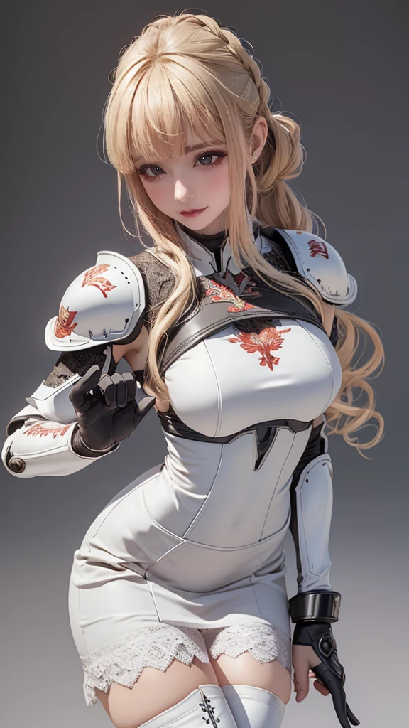 (dynamic fighting pose),(leather boots,(asymmetrical mecha armor),(long embroidered white lace dress,see through,lift up the hem of the dress)),(random hairstyle),(Thin type:1.8),(large breasts),(Highest image quality,(8K), Ultra-realistic, Best Quality, High quality, High Definition, high quality texture, high detailing, Beautiful detailed, fine detailed, extremely details CG, Detailed texture, realistic representation of face, masterpiece, presence)