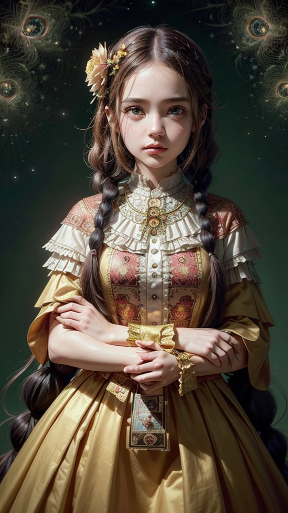 (work of art, maximum quality, best qualityer, offcial art, beautiful and aesthetic:1.2), (1 girl:1.3), (Fractal Art:1.3), card, tarot, hair green, twin braids, hair flower, (good lighting:1.1), ((high resolution)), Tarot card style