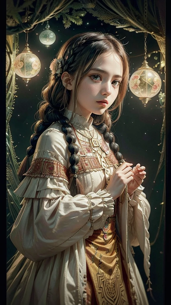 (work of art, maximum quality, best qualityer, offcial art, beautiful and aesthetic:1.2), (1 girl:1.3), (Fractal Art:1.3), card, tarot, hair green, twin braids, hair flower, (good lighting:1.1), ((high resolution)), Tarot card style