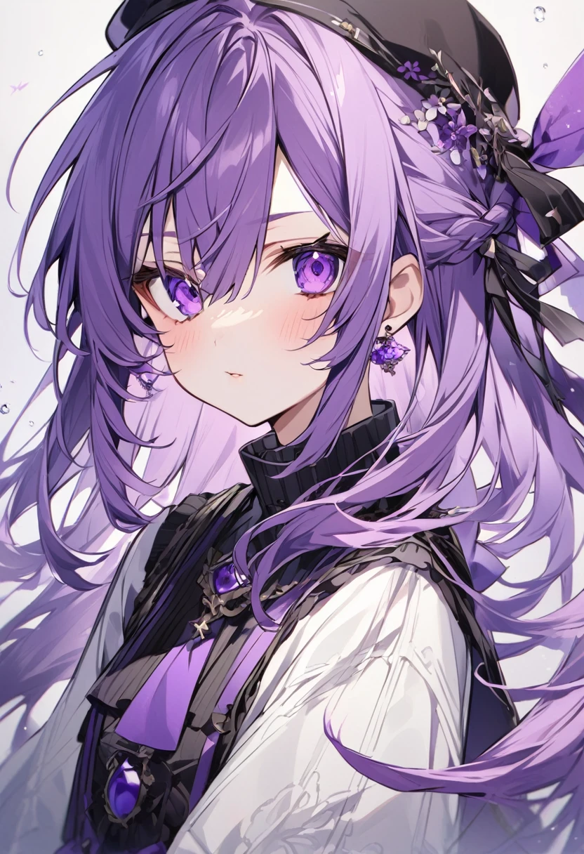 1 girl、Purple Hair、Long Hair、Purple Eyes、Sharp Eyes、Mature、Ample breasts、Sad face、to tears、Squeeze the flower out of your mouth、Flower vomiting disease、Purple Flower、Painful、
