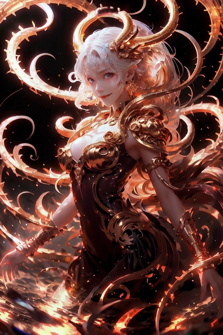 anime with long hair and red dress standing in the water with a big golden dragon, 4K anime art wallpaper, 8K anime art wallpaper, anime fantasy artwork, 4k fantasy artwork, 坏蛋动漫8 K, epic anime art, detailed art of onmyoji, anime fantasy illustration, inspired by Naomi, 4K anime-style, gold accents