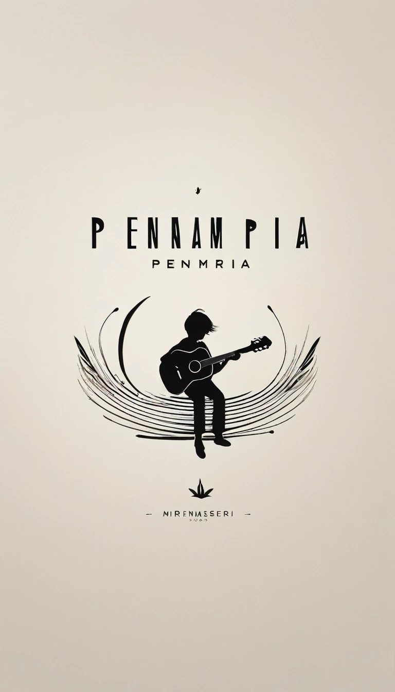 A minimal, modern, simple, cinematic logotype for the brand “Penamemoria". The logotype must be a simple, magical feather and a boy playing acoustic guitar. The logo must convey a sense of music, stories and dreams. Logo design impressed on a book cover. Minimalistic logo