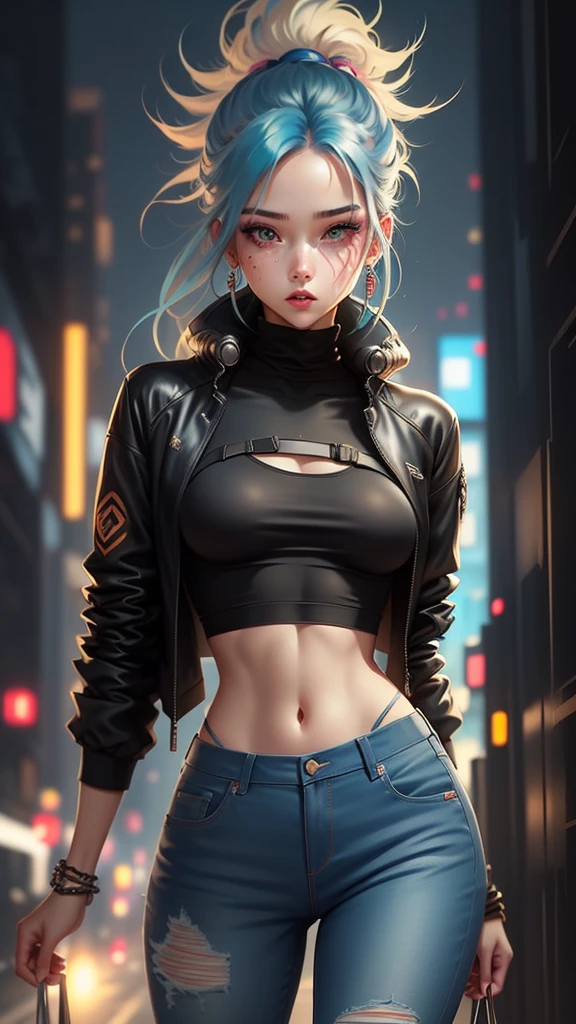 Woman walking down the street in a black top and orange pants, roupa estilo cyberpunk, tons de laranja e preto, preto e laranja, laranja e preto, roupas rasgadas, roupa cyberpunk, roupa LEELOO, olhar, moda cyberpunk, Bonito midriff, roupas de moda cyberpunk, roupas cyberpunk, estilo cool, roupas de moda cyberpunk, ripped jeans, Post - Apocalyptic style