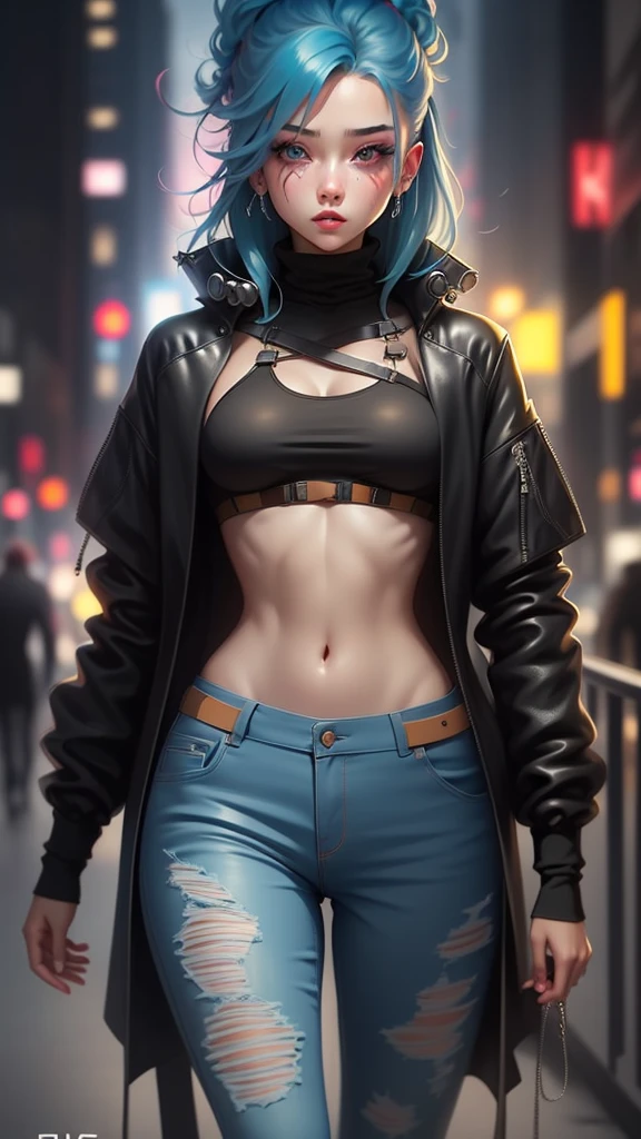 Woman walking down the street in a black top and orange pants, roupa estilo cyberpunk, tons de laranja e preto, preto e laranja, laranja e preto, roupas rasgadas, roupa cyberpunk, roupa LEELOO, olhar, moda cyberpunk, Bonito midriff, roupas de moda cyberpunk, roupas cyberpunk, estilo cool, roupas de moda cyberpunk, ripped jeans, Post - Apocalyptic style