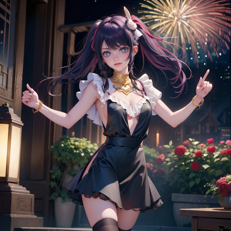 1girl, Ai Hoshino_(Oshi no Ko), centered girl, perfectly body, perfectly hands, solo, jewelry, magenta roses, rabbit jewel on her hair, ornament hair, twintails, rabbit jewel on her hair, purple hair, long hair, long flowing hair, floating hair, ornament hair, perfectly body, perfectly hands, rose on hair, magenta rose on hair, Looking at the viewer, flowing hair, Beautiful Eyes, Plump and glossy lips, Idol, black dress with too many frills, black dress, magenta laces, black Short skirt, small skirt, black skirt with layers, Drape clothes, magenta gem, Lace trim, luxury gold details, gold jewelry, more details, best quality, Big sparkling eyes, blushing, black Striped Lace Stockings, black ta skirt, sparkle, solo, centered girl, cowboy shot, perfectly body, perfectly hands, two arms, two legs, two hands, five fingers, perfect anatomy, glowing hair, magenta roses, on the stage, sparkles, more details on her clothes, black dress with transparency, ornament hair, perfectly body, perfectly hands, wave hair, long hair, maid, maid dress, maid headdress, maid apron, garden, temple, shrine, outside, Chinese festival scenery, gold lantern, Chinese lantern, fireworks, black dress, more details on her clothes, black dress, golden details, night, smiling, ((4k, masterpiece, top-quality)),8k, best quality, high resolution, HD, (illustration:0.8), super cute girl, delicate and beautiful face, 1girl, solo, mature girl, super cute hairstyle, (beautiful detailed eyes:1.6), extremely detailed face, perfect lighting, extremely detailed CG, (perfect hands, perfect anatomy), Best quality, cleavage, skirt, full Body
