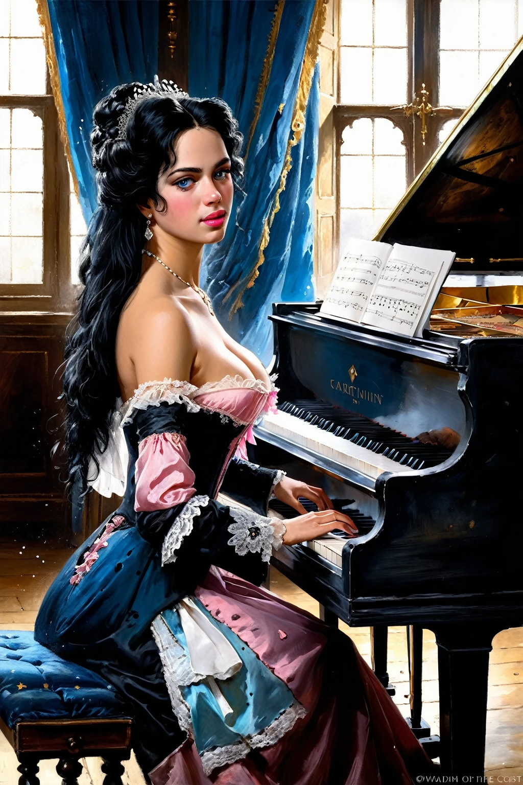 Victorian Hungarian women Women of the 18th century, playing piano, Light Black hair, Pink lips, Nice features, Wadim Kashin, James Gurney, ink, Splash Art, Amazing beauty, Royo, after sexing, Super detailed splash art modern European oil ink painting, Mid Gorgeous chests, Gorgeous Body, oil painting, Light Diamond Blue eyes, Blush, Greg Rutowski, (no NSFW image).