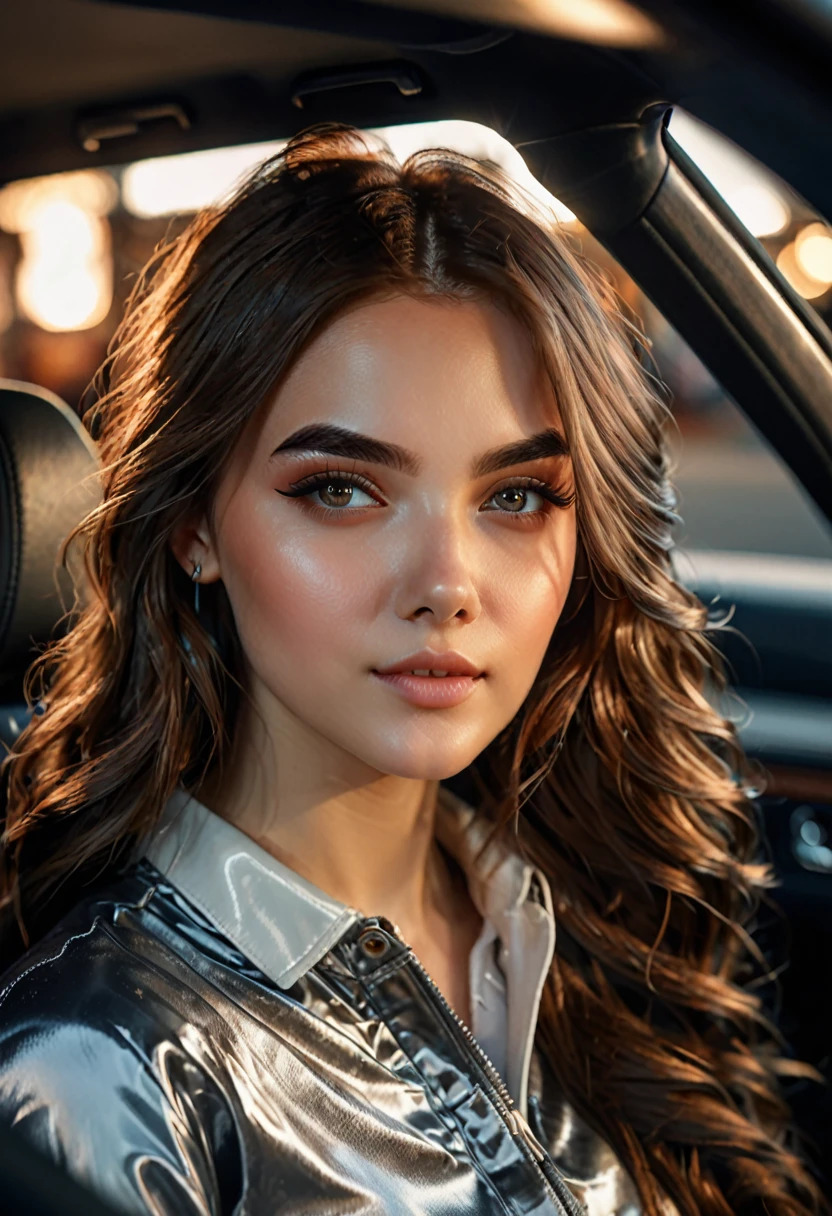 (20 year old woman in a car, long brown hair, sporty body, beautiful detailed eyes, beautiful detailed lips, extremely detailed face and features, long eyelashes, elegant woman, graceful pose, soft warm lighting, cinematic lighting, intricate detailed clothing, highly detailed environment, photorealistic, 8k, hyper detailed, masterpiece, cinematic, digital art, concept art)