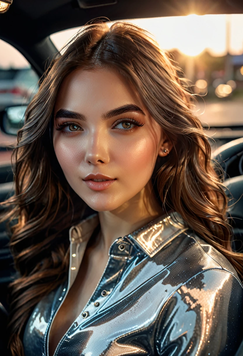 (20 year old woman in a car, long brown hair, sporty body, beautiful detailed eyes, beautiful detailed lips, extremely detailed face and features, long eyelashes, elegant woman, graceful pose, soft warm lighting, cinematic lighting, intricate detailed clothing, highly detailed environment, photorealistic, 8k, hyper detailed, masterpiece, cinematic, digital art, concept art)