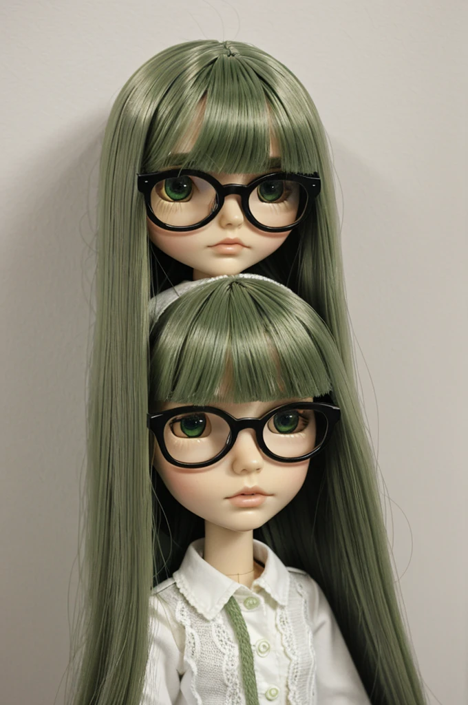 I have a Blythe doll with a head, fringe, long straight hair, white, green eyes and glasses