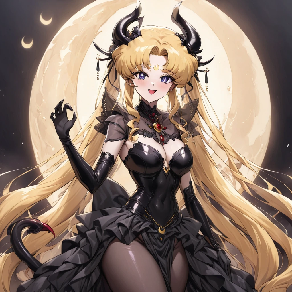 ((Highest quality)), ((masterpiece)), (detailed), (Perfect Face)、The woman is the dark queen, the demon queen, Princess Serenity, and the woman is the jet black, sexy demon princess, Serenity.、The woman is a jet-black female demon with magnificent devil horns, jet-black devil wings, and a jet-black tail. Her skin is jet-black, and she has a black inverted crescent moon mark on her forehead. She is a devil bride wearing a gorgeous black Gothic Victorian wedding dress and a black wedding veil. She is the jet-black demon Princess Serenity, and has blonde hair with a happy expression as she looks at the camera.2The expression of a girl in love with her long hair tied up、She is Princess Serenity、Punishment pose on behalf of the moon