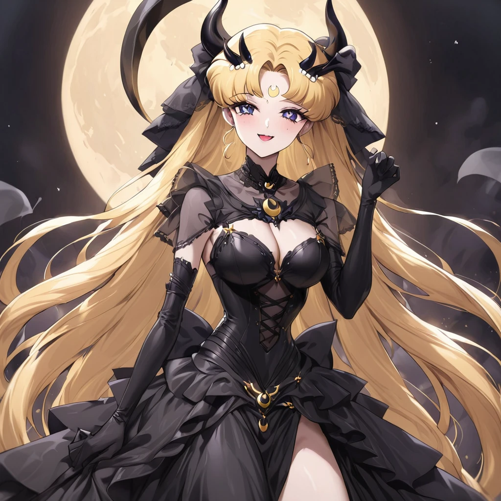 ((Highest quality)), ((masterpiece)), (detailed), （Perfect Face）、The woman is the dark queen, the demon queen, Princess Serenity, and the woman is the jet black, sexy demon princess, Serenity.、The woman is a jet-black female demon with magnificent devil horns, jet-black devil wings, and a jet-black tail. Her skin is jet-black, and she has a black inverted crescent moon mark on her forehead. She is a devil bride wearing a gorgeous black Gothic Victorian wedding dress and a black wedding veil. She is the jet-black demon Princess Serenity, and has blonde hair with a happy expression as she looks at the camera.２The expression of a girl in love with her long hair tied up、She is Princess Serenity、Punishment pose on behalf of the moon