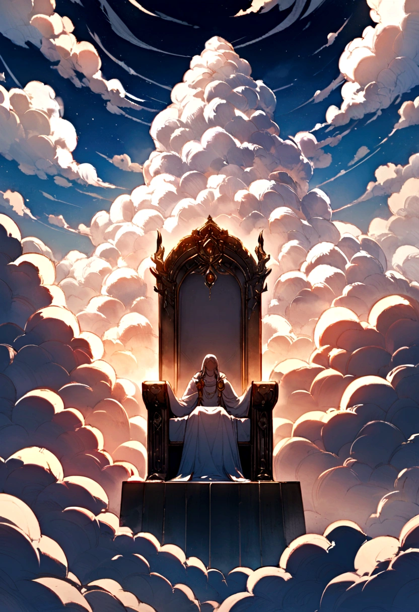 Throne made by cloud formation , in the sky , front perspective , throne is literally made of clouds , divine seat