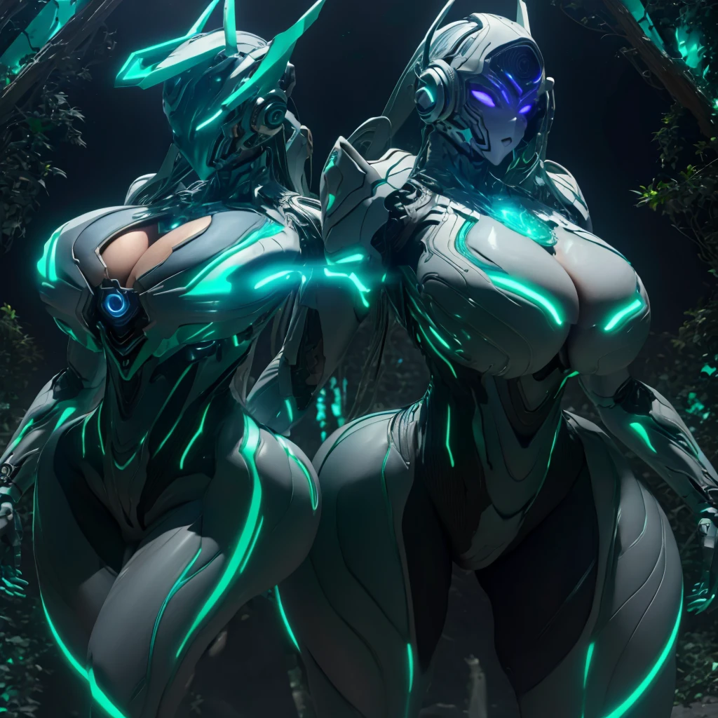 Dronificated unknown woman in a fully enclosed white latex fullbody suit with blue lights across the suit and green star shaped glowing core in the chest, fully enclosed cyber helmet that cover her whole face and hides her identity with a blue screen that has a white star, huge breast, narrow waist, wide hips and thick thighs, Mechanical wings, in a forest, no face, no hair, no mouth, no eyes, (perfect anatomy)