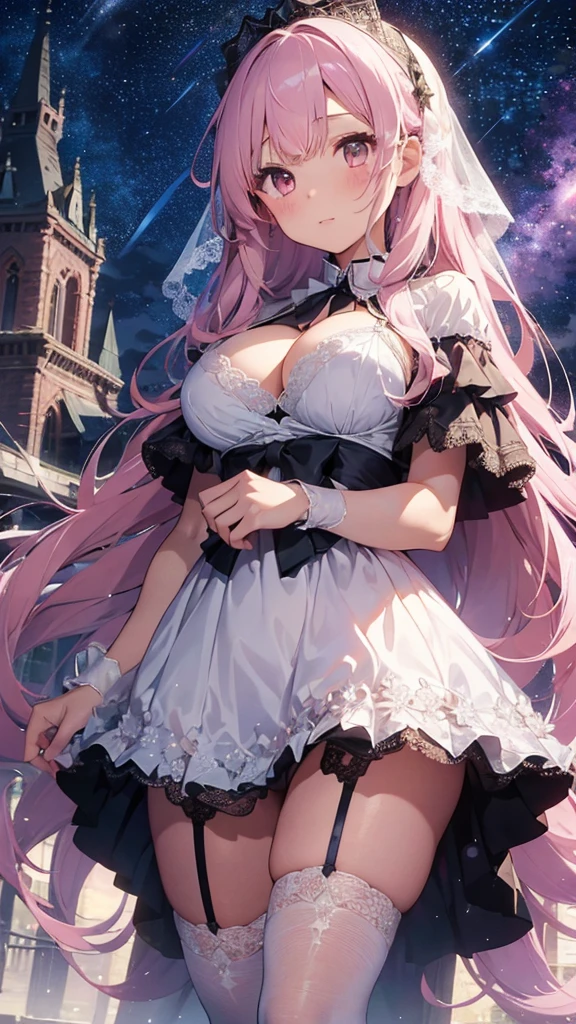 Masterpiece、Highest quality、Super detailed、1 girl、Light pink hair、Fluffy and soft long hair、Starry eyes、Big Tits、Cleavage、A dress that looks like a starry sky、garter belt、Twinkling Star々、crystal、ribbon、Lace cape、Lace veil、underwear、mysterious、Shining Star Castle