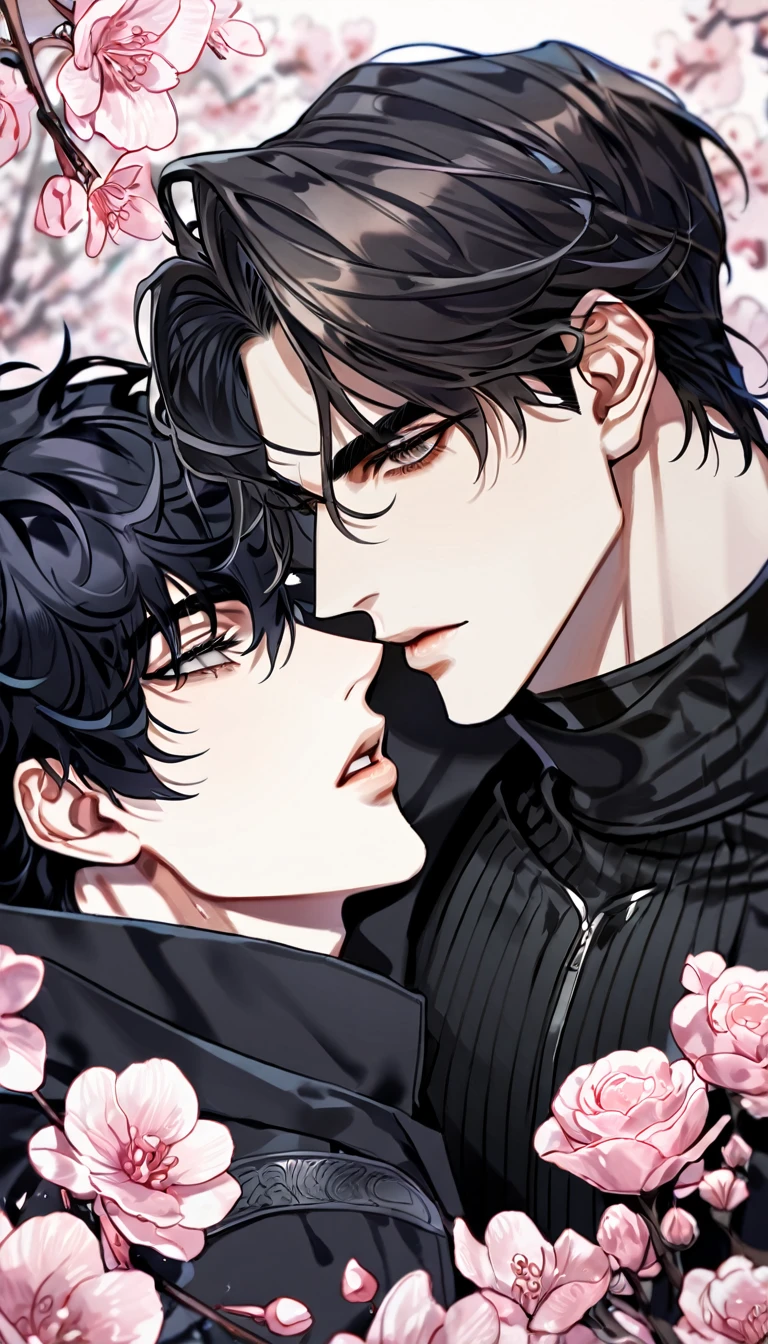 absurdres, highres, ultra detailed, HDR, master piece, best quality, extremely detailed face, delicated features, Kim Dokja, black hair, sraight hair, with bangs, expressive brown eyes, Omniscient Reader's Viewpoint , Yoo Joonghyuk, black hair, short hair, expressive gray eyes, two sexy men together, gay couple, yaoi, handsome, black coat, black sweater, black scarf, fantasy, magical, radiant, blossoms, pink flowers, pink butterflies